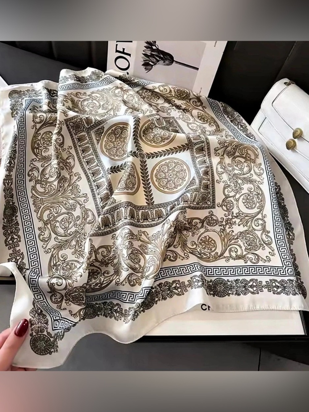 New Print Silk Twill Scarf Paisley Print Scarf in White & Brown Like